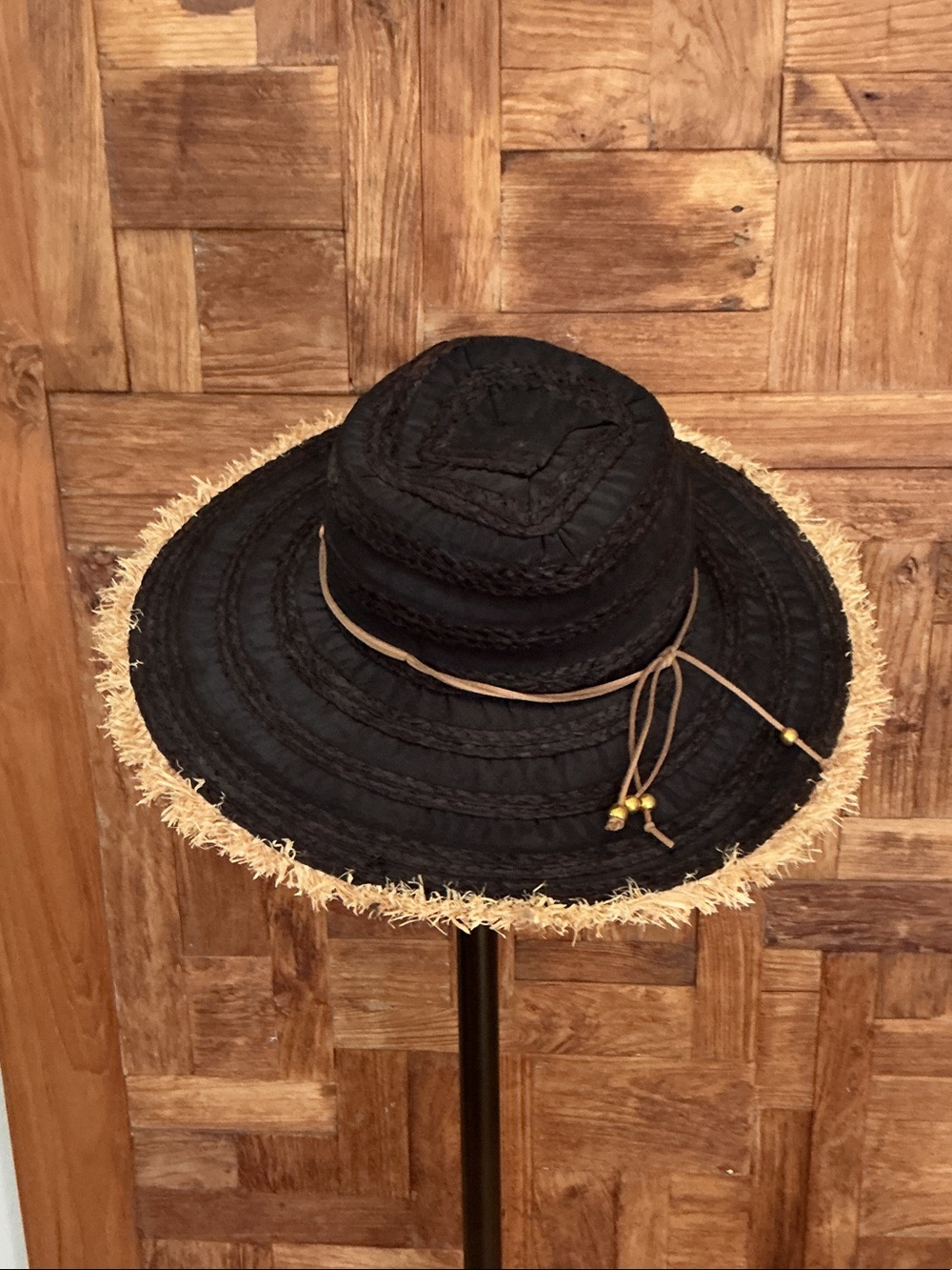 San Diego Hat Company Black Straw Wide-Brim Hat with Natural Fringe Trim